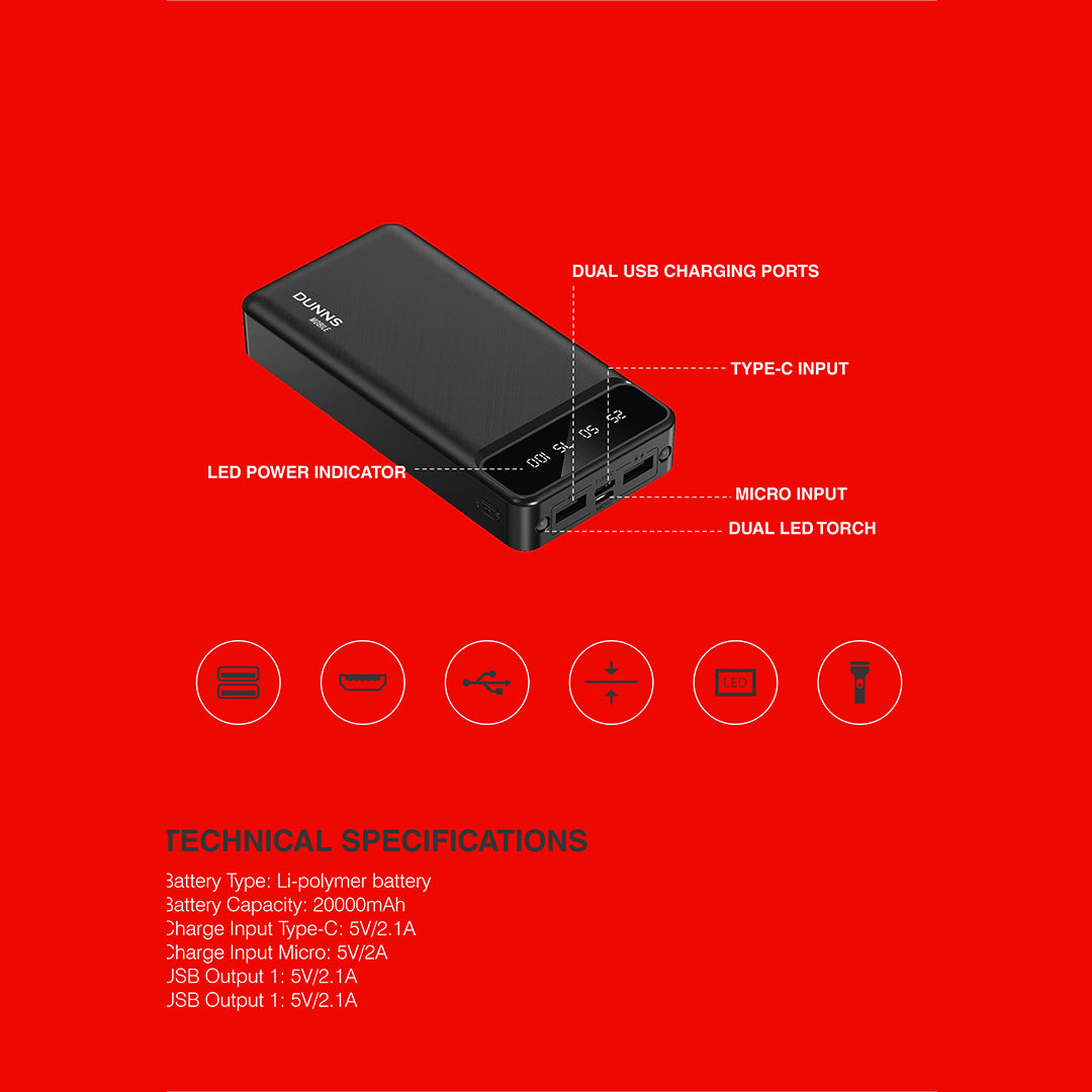 Dunns Mobile 20,000mAh power bank- black