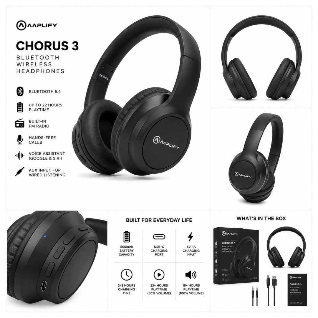 Amplify Chorus 3 Bluetooth Wireless Headphones - Black