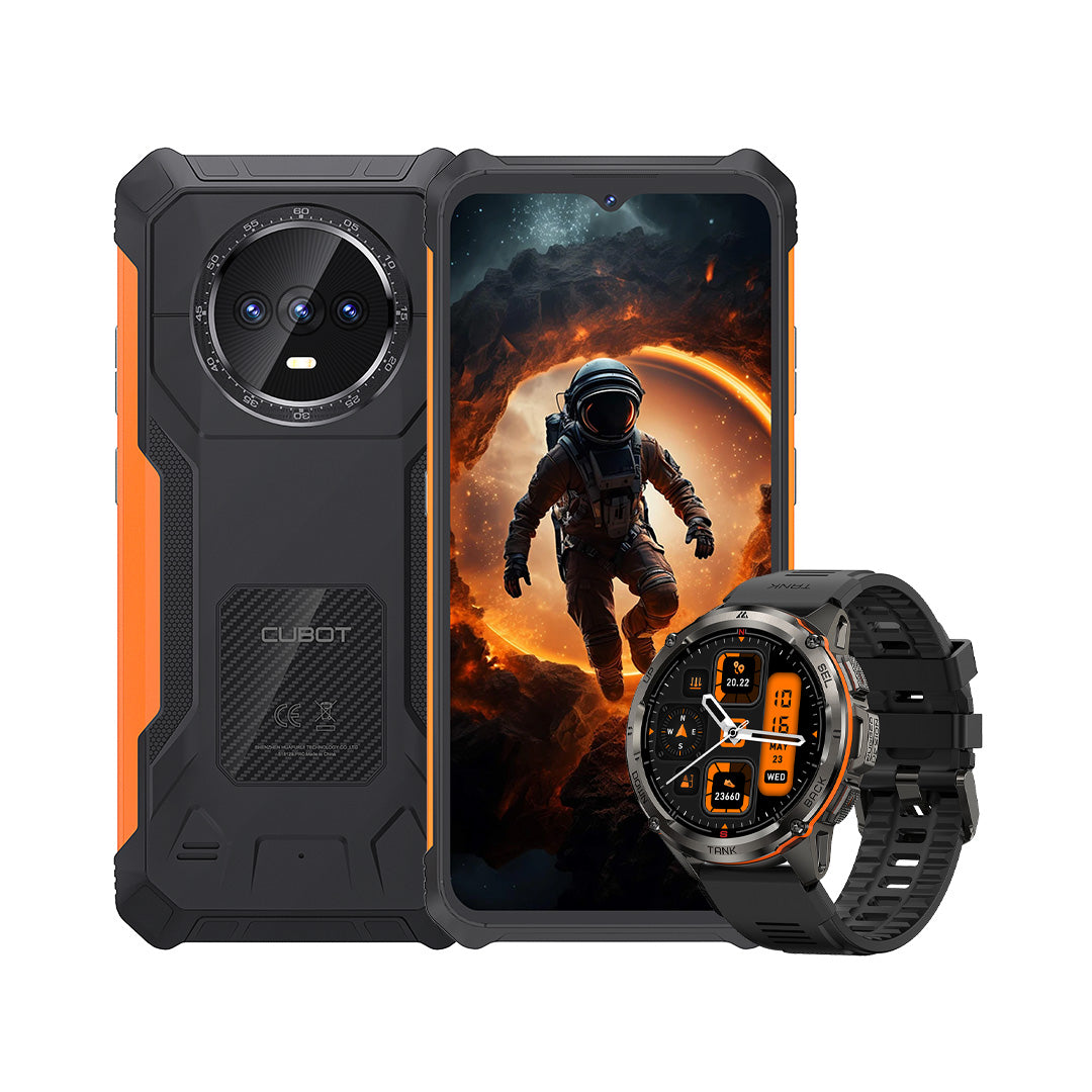 CUBOT King Kong smartphone with 6.56" display alongside Kospet Tank smartwatch on a stylish background.