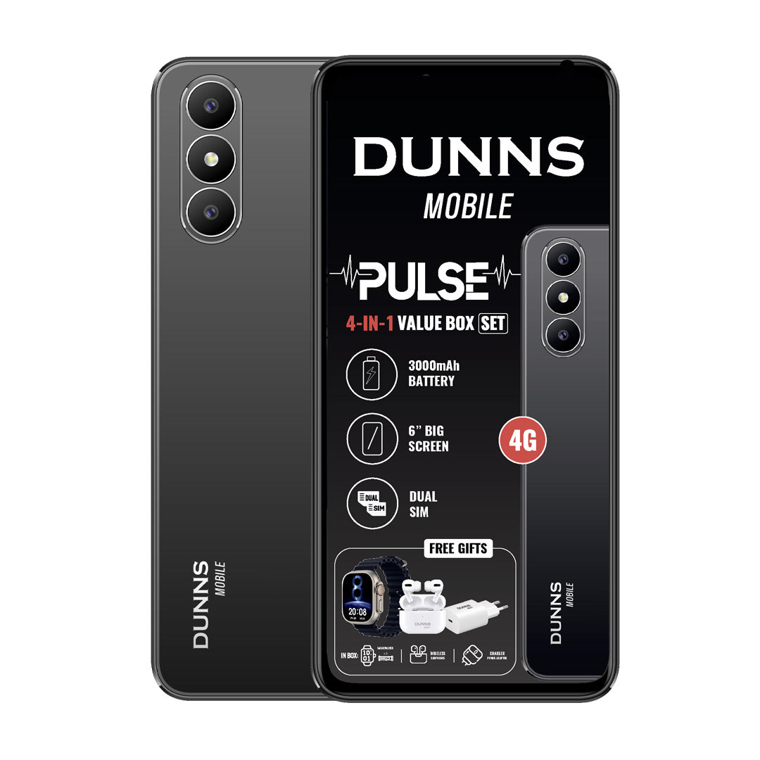 Dunns Mobile Pulse 4-in-1 Box Set with 6" screen, dual SIM, 3000mAh battery, and free gifts including smart watch and earbuds.