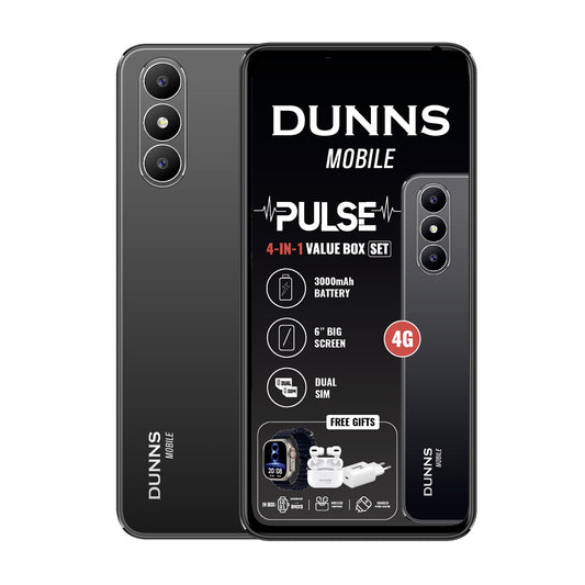 Dunns Mobile Pulse 4-in-1 Box Set with 6" screen, dual SIM, 3000mAh battery, and free gifts including smart watch and earbuds.