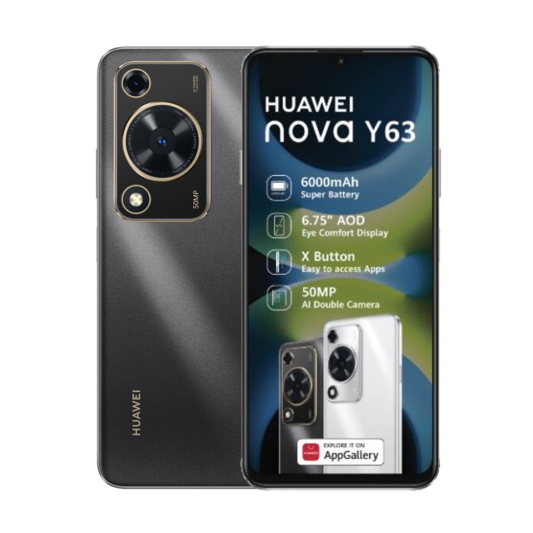 Huawei Nova Y63 Black smartphone with 6000mAh battery, 6.75" display, and 50MP AI camera.