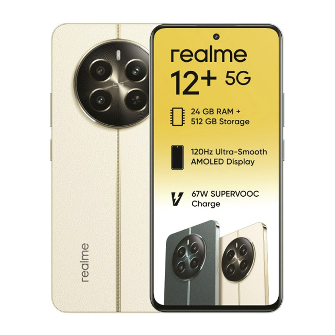 Realme 12 Plus 5G smartphone with 24GB RAM, 512GB storage, 120Hz AMOLED display, and 67W SuperVOOC charge.