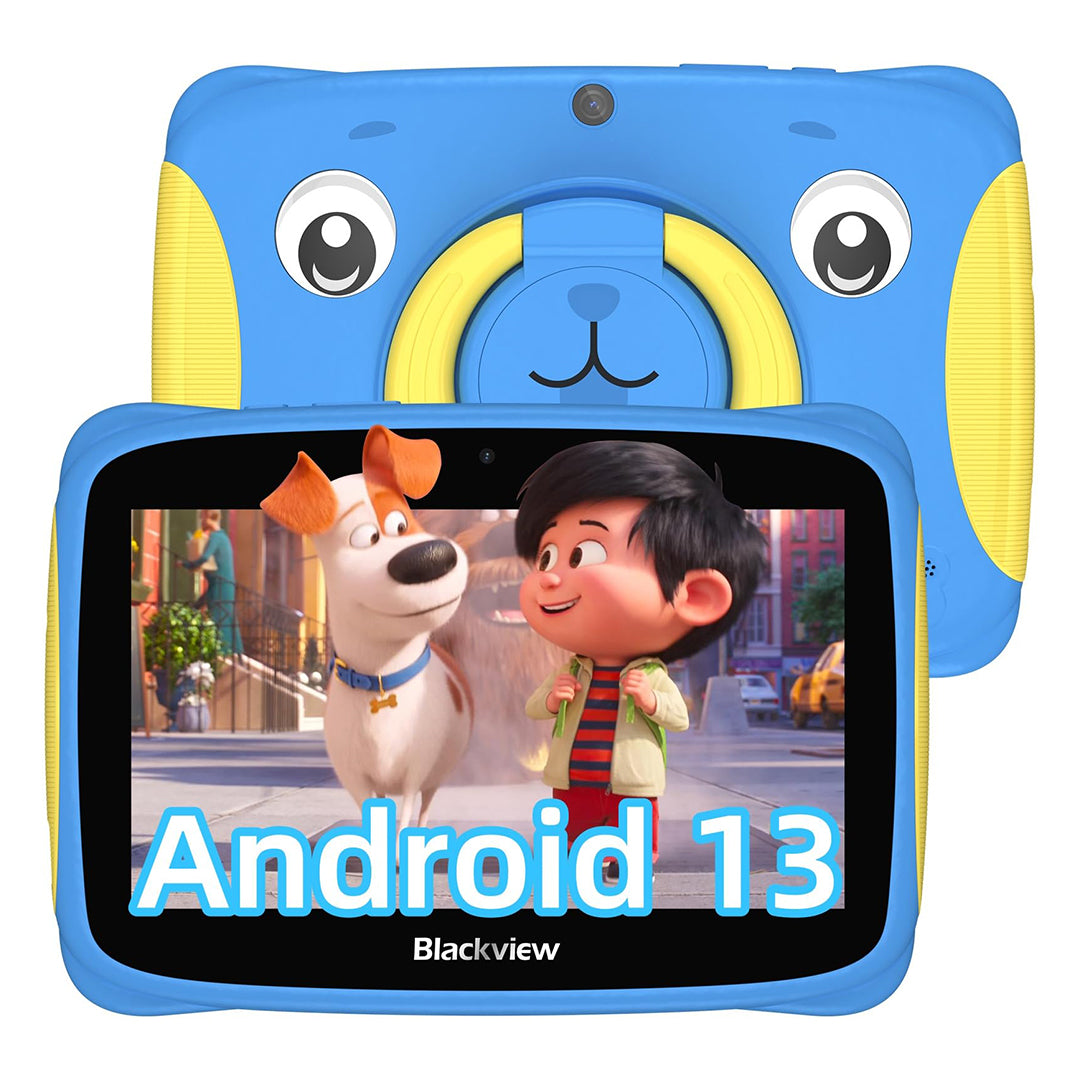 Blackview Kids Tab 3 Blue showcasing a 7-inch HD display with Android 13 for kids' fun and learning.